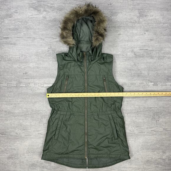 Athleta Green Alpine Air Vest Faux Fur Removable Hood Zip Pockets Sz Small EUC - Picture 3 of 7